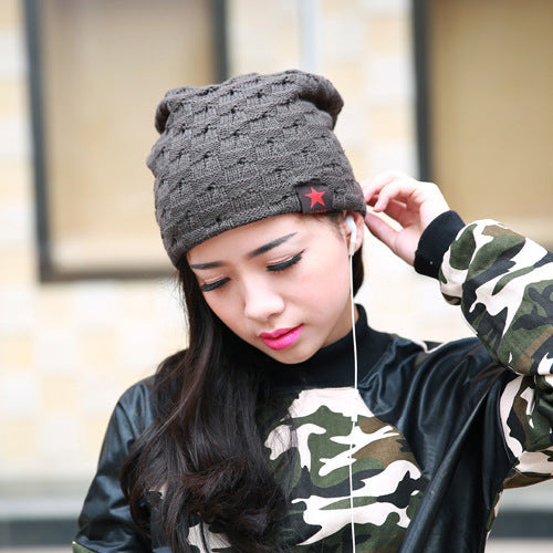 RED PENTAGONAL SOLID WOOL HAT WARM COVER DOME SIMPLE KNITTED HAT