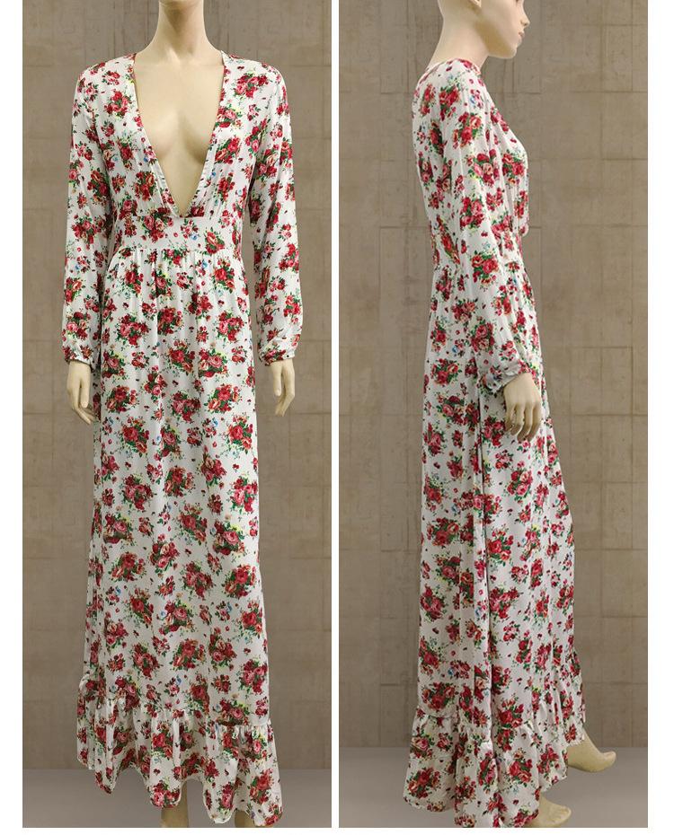 Bohemian Deep V-neck Floral Print Ruffle Long Beach Dress