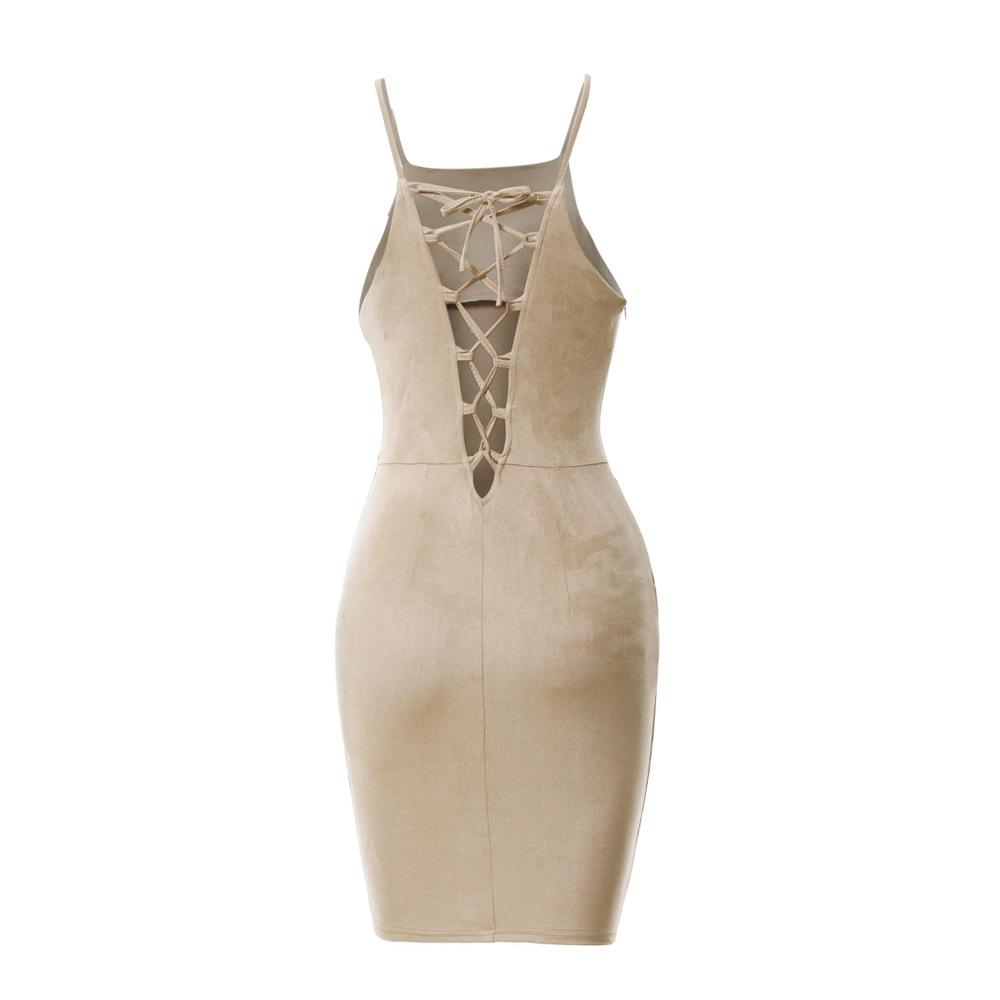 Bear Shoulder Spaghetti Strap Lace Up Back Short Bodycon Dress