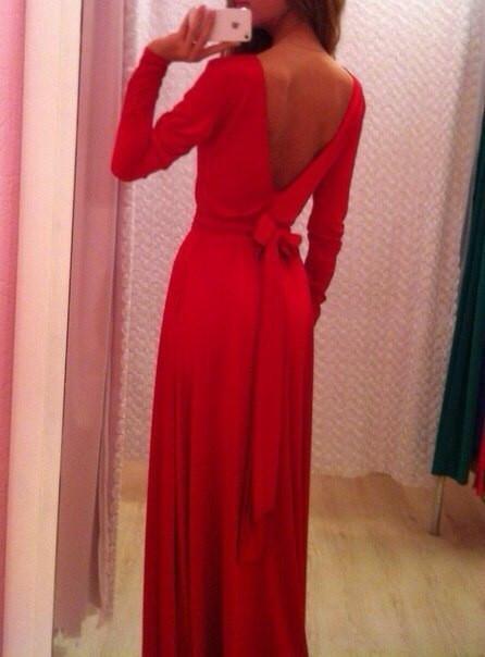 Long Sleeves Pure Color V-Back Backless Long Dress