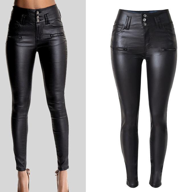 PU Leather High Waist Slim Elastic Pencil Pants and Waist band Pencil Pants