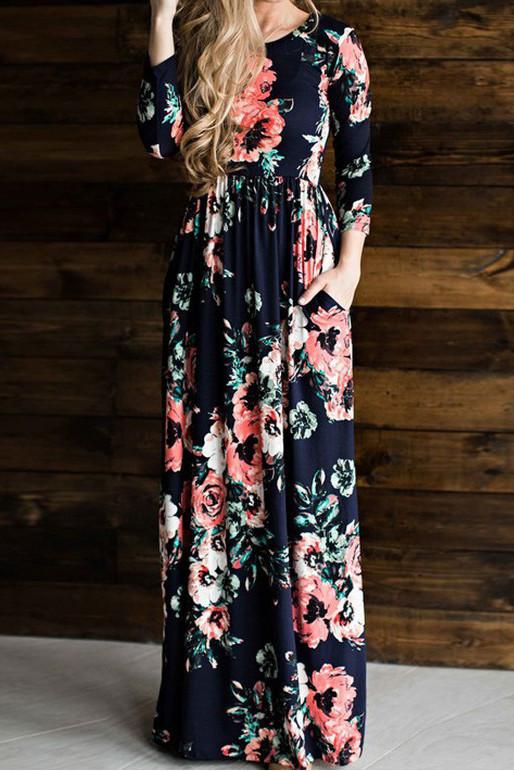 Flower Print 3/4 Sleeves and Short Sleeves High Waist Long Party Dress