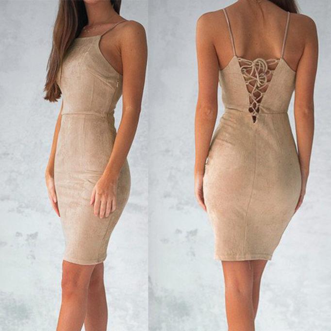 Bear Shoulder Spaghetti Strap Lace Up Back Short Bodycon Dress