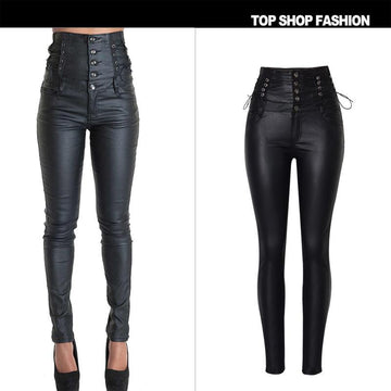 High Waist Buttons Packets Pure Color Slim Long Skinny Pants