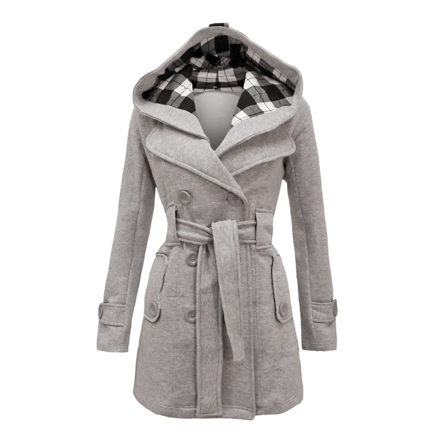 Plus Size Double Breasted Long with Belt Hooded Coat - MeetYoursFashion - 5