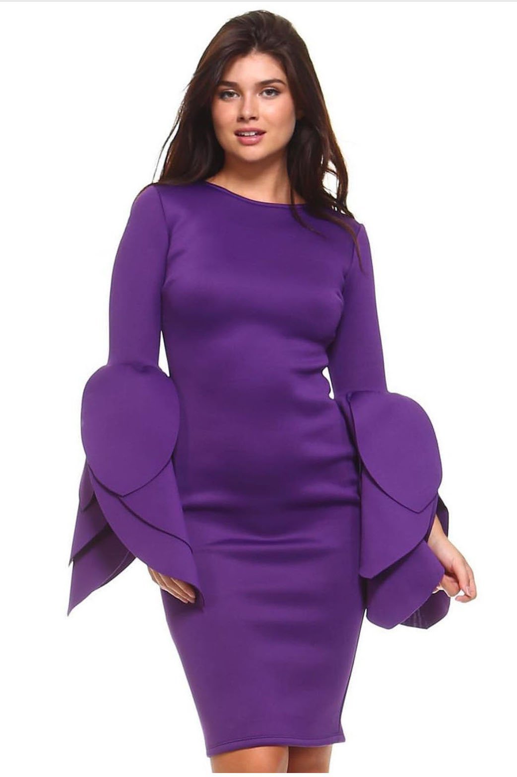 Pure Color Long Trumpet Sleeves Scoop Knee-length Dress