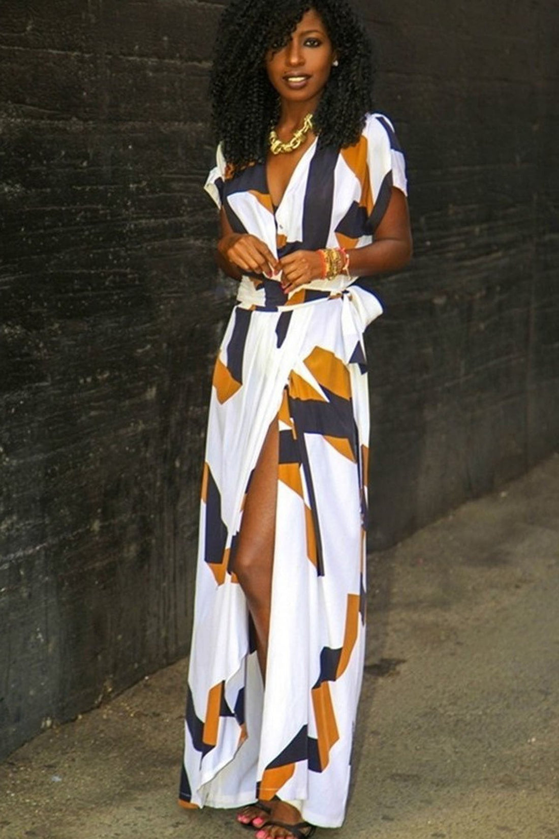 Deep V-neck Print Bohemian Irregular Split Long Dress