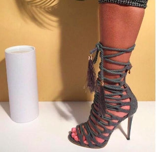 Tassels Ankle Straps Cross Open Toe Stiletto High Heels Sandals