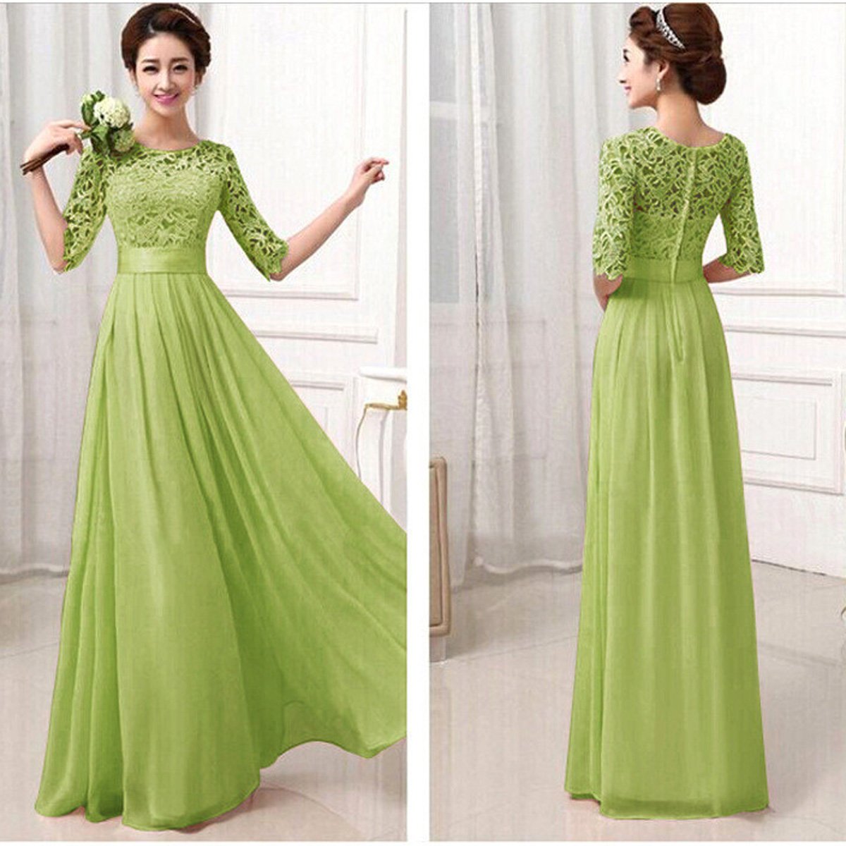 Lace Chiffon Patchwork High Waist Half Sleeves Long Party Dress