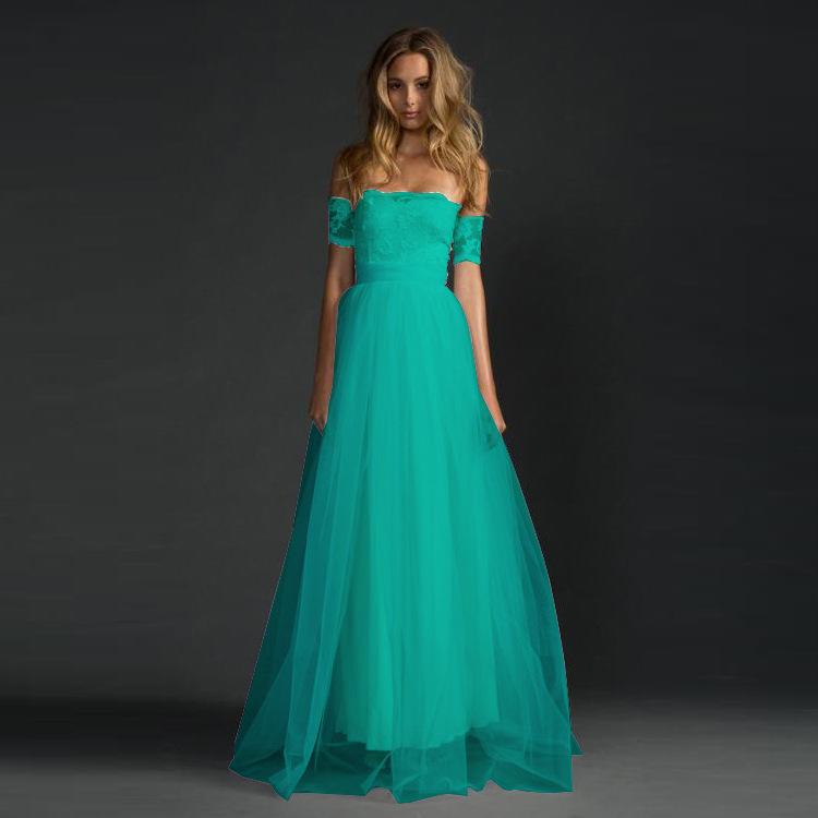 Off-shoulder Lace Pleated Bowknot Floor Grown Long Dress