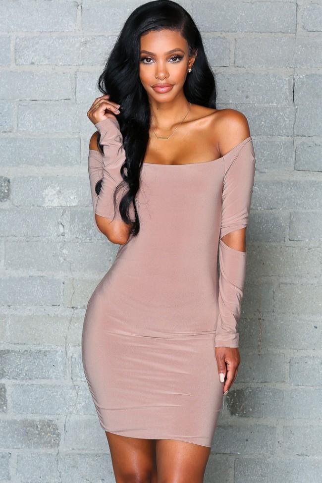 Pure Color Off Shoulder Hollow Sleeve Short Bodycon Dress