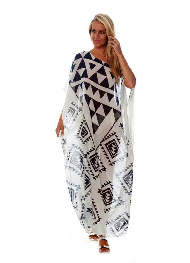 CHIFFON BLACK AND WHITE PRINT BEACH BIKINI COVER UP