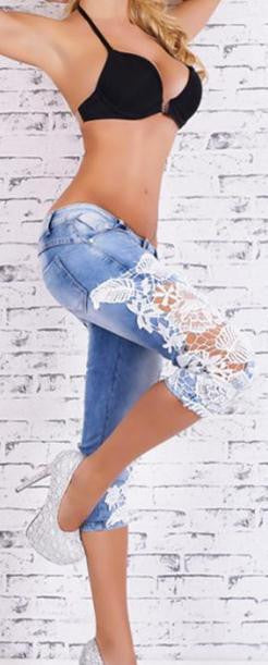 Frayed Lace Patchwork Slim Low Waist 1/2 Jeans