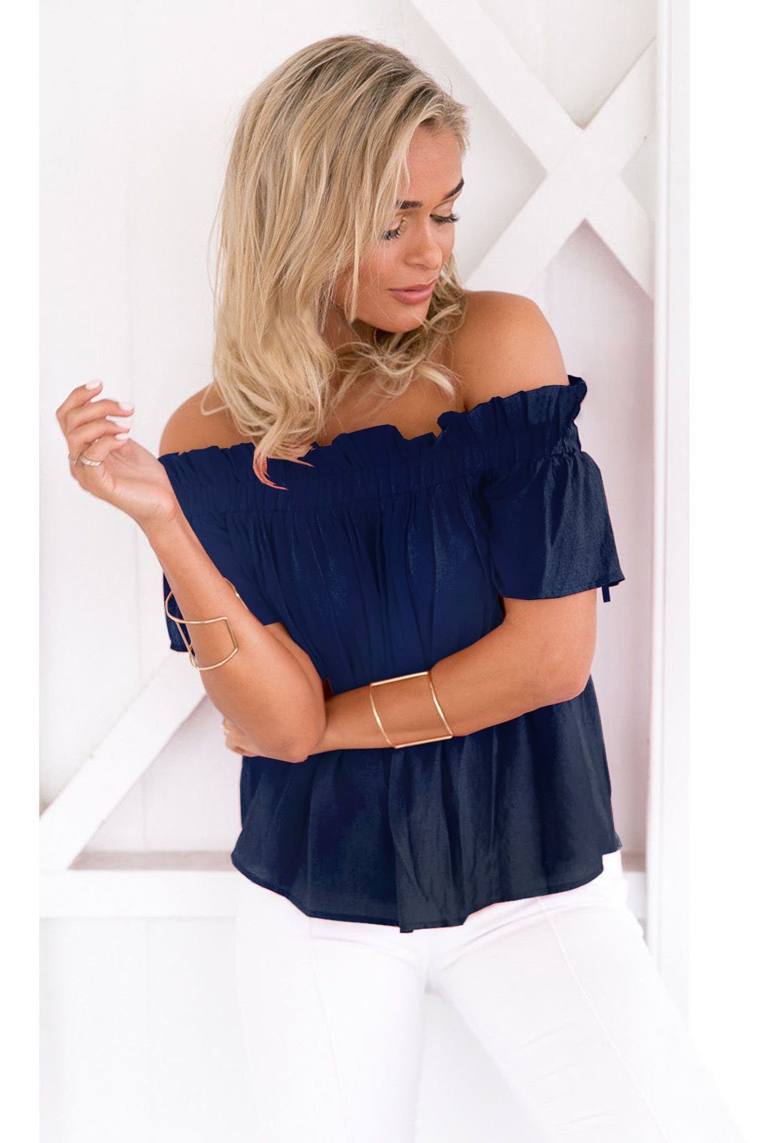 Falbala Ruffles Strapless Short Sleeves Solid Color T-shirt