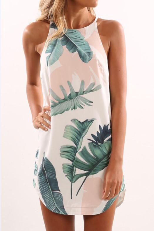 Spaghetti Straps Bear Shoulder Flower Print Short Dress