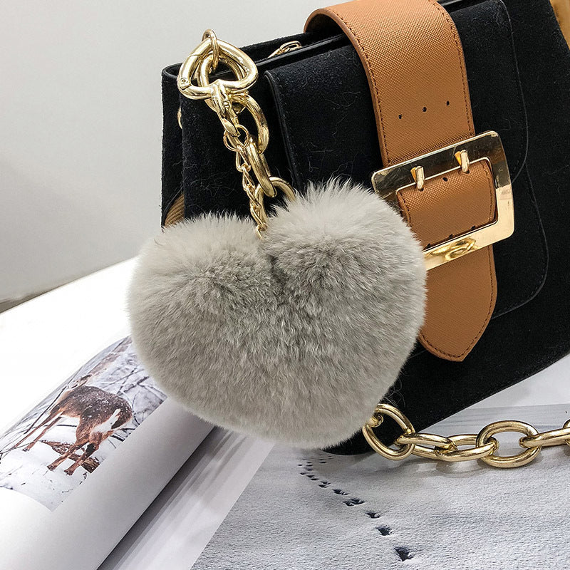 HEART-SHAPED REAL RABBIT FUR CHARM KEYCHAIN