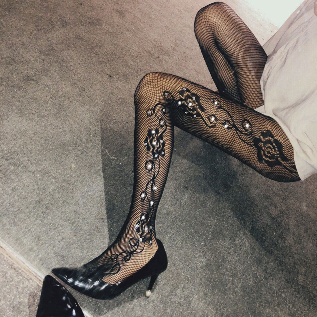 FASHION SIDE BIG FLOWER POINT DRILL HOT DRILL FISHNET LEGGINGS PANTYHOSE