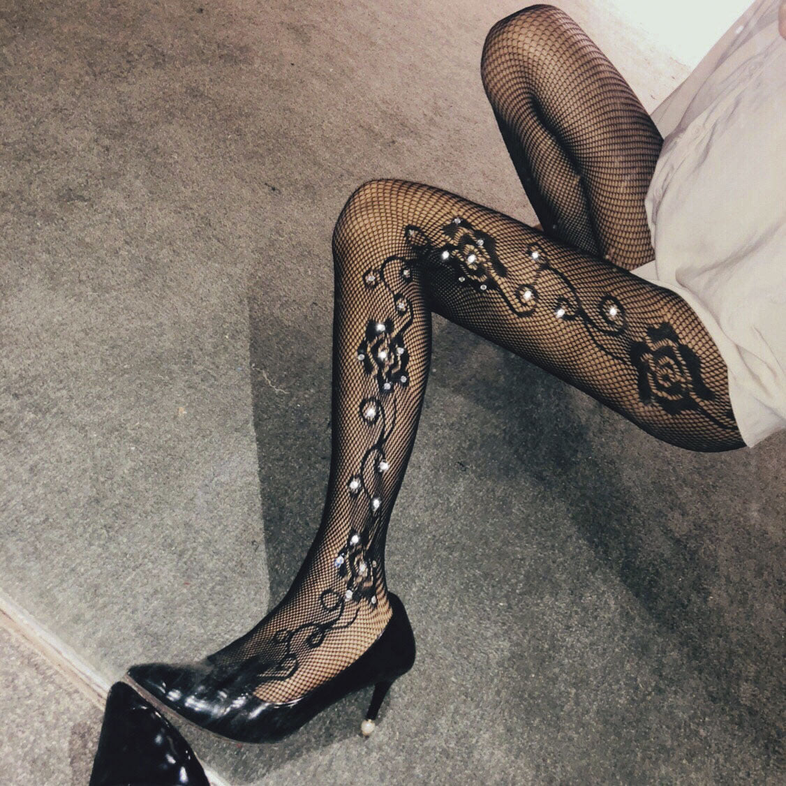 FASHION SIDE BIG FLOWER POINT DRILL HOT DRILL FISHNET LEGGINGS PANTYHOSE
