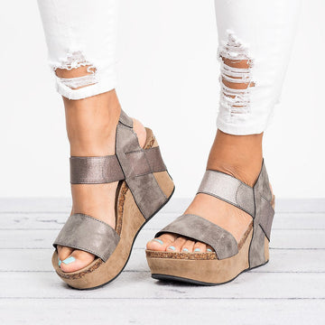 Retro Open Toe Ankle Wrap Platform Women Wedge Sandals with Plus Size