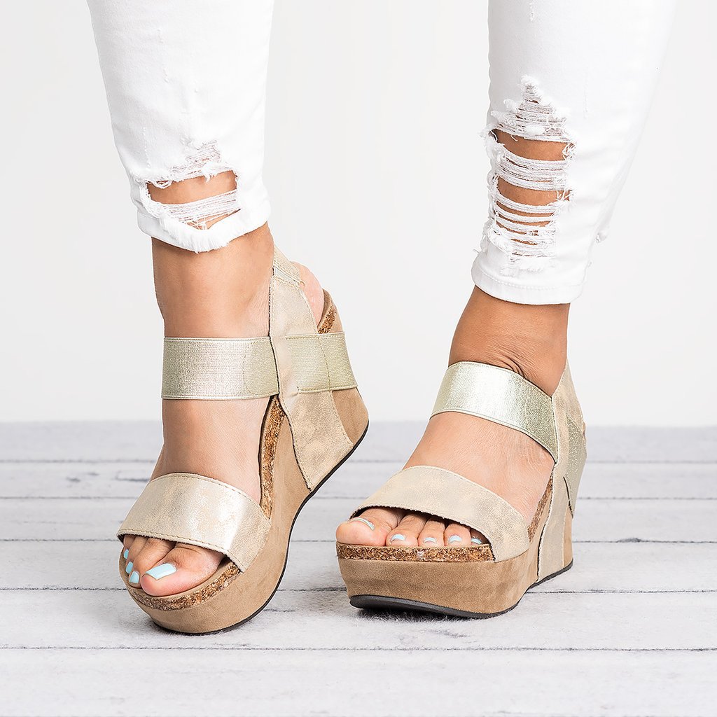 Retro Open Toe Ankle Wrap Platform Women Wedge Sandals with Plus Size