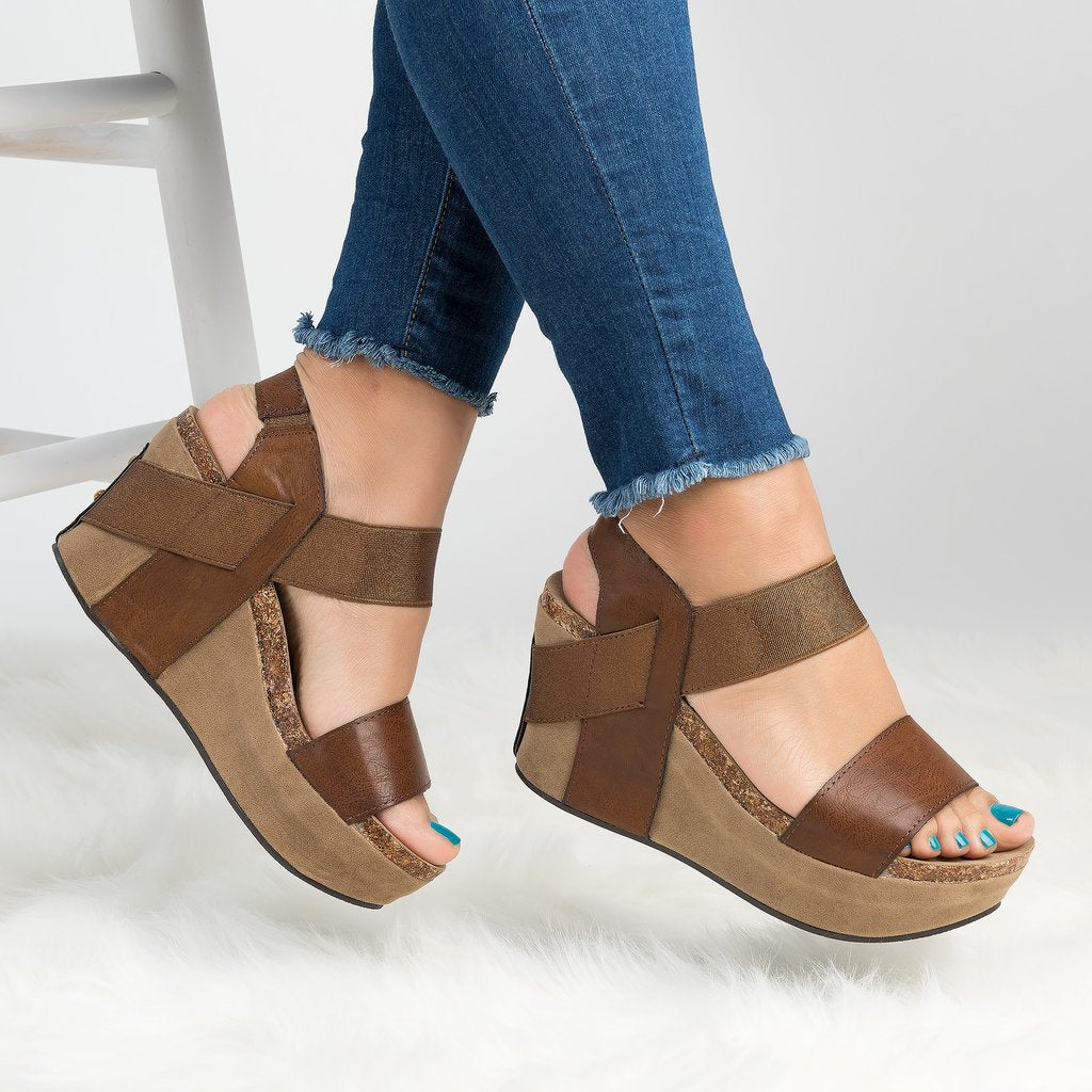 Retro Open Toe Ankle Wrap Platform Women Wedge Sandals with Plus Size