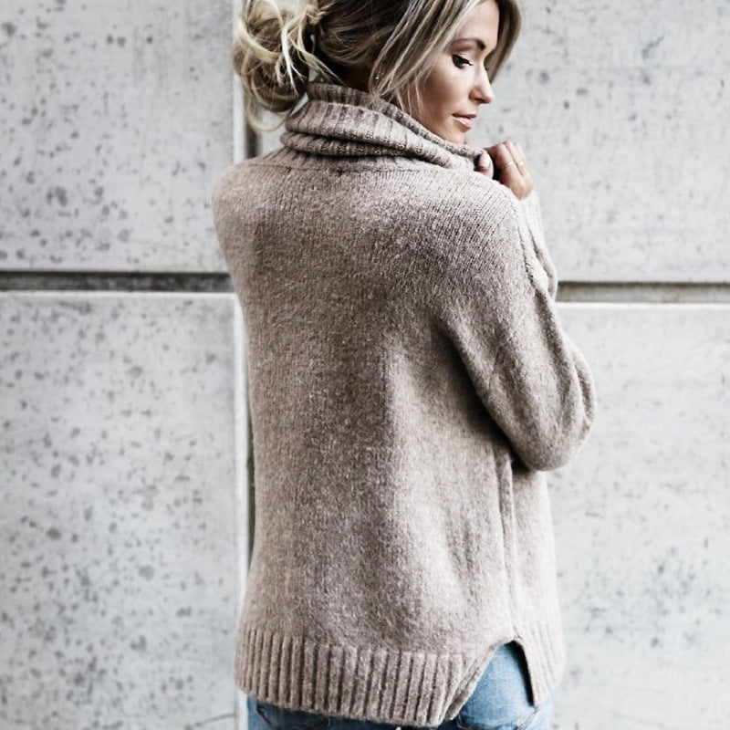 High Neck Pure Color Loose Women Autumn Sweater