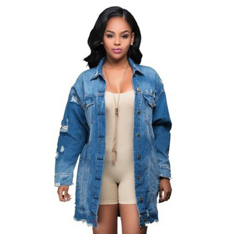 CUT HOLES POCKETS WOMEN OVERSIZED LONG DENIM JACKET COAT