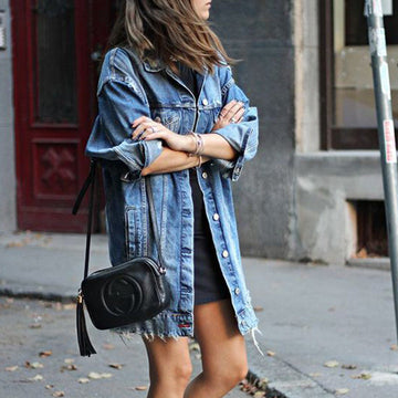 CUT HOLES POCKETS WOMEN OVERSIZED LONG DENIM JACKET COAT