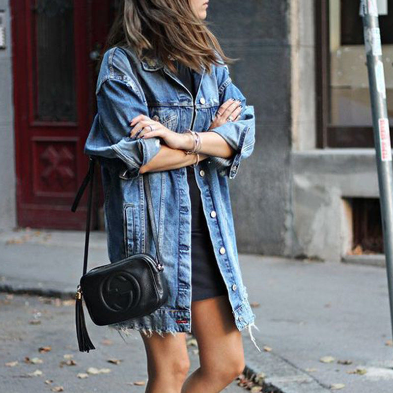 CUT HOLES POCKETS WOMEN OVERSIZED LONG DENIM JACKET COAT