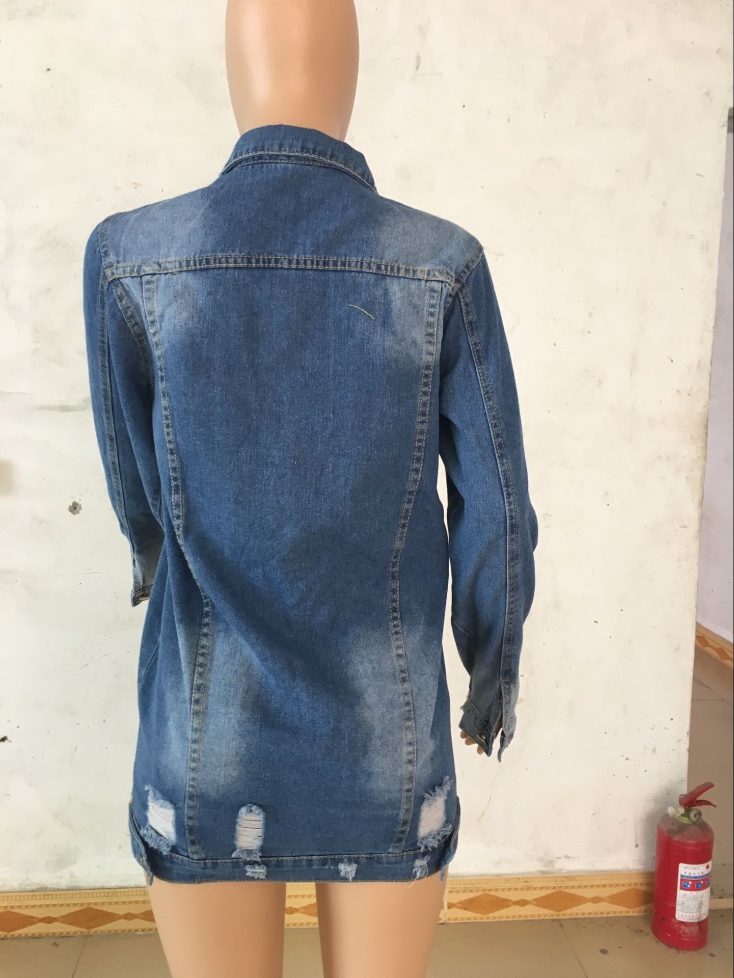 CUT HOLES POCKETS WOMEN OVERSIZED LONG DENIM JACKET COAT