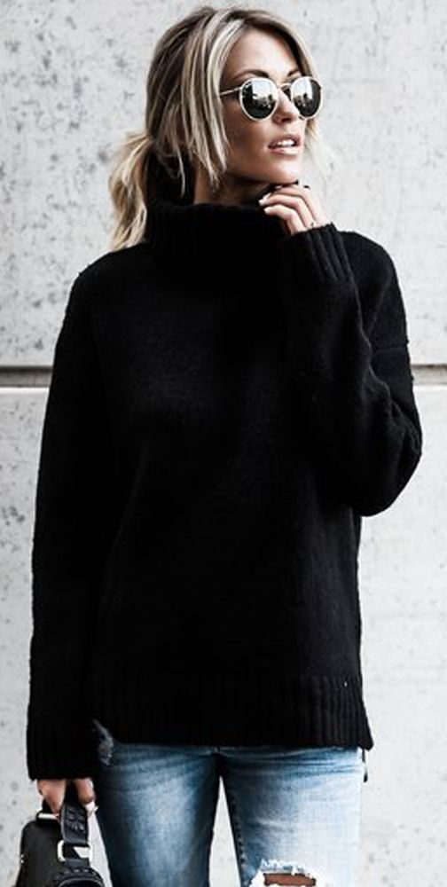 High Neck Pure Color Loose Women Autumn Sweater
