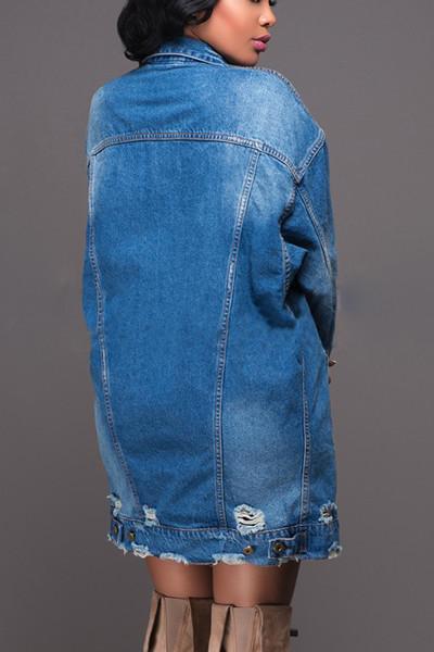 CUT HOLES POCKETS WOMEN OVERSIZED LONG DENIM JACKET COAT
