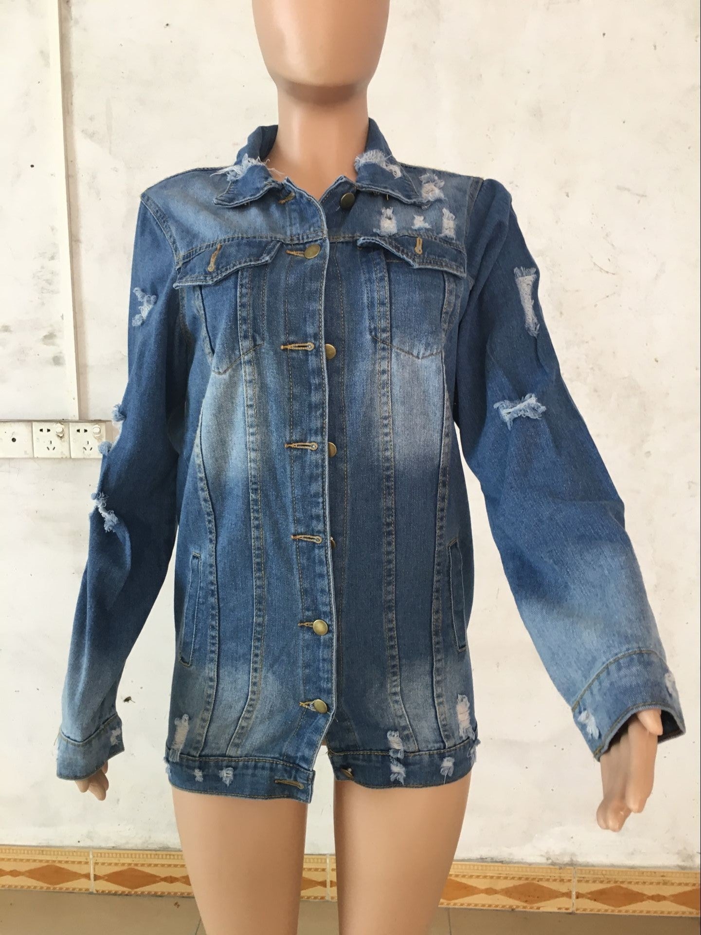 CUT HOLES POCKETS WOMEN OVERSIZED LONG DENIM JACKET COAT