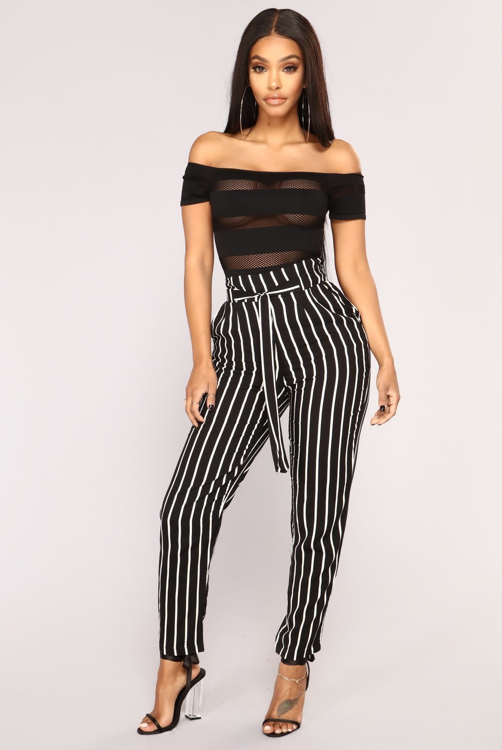 Striped Slim Strap Belt Long Skinny Casual Pants