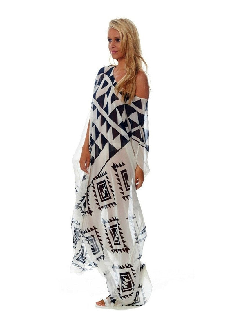 CHIFFON BLACK AND WHITE PRINT BEACH BIKINI COVER UP