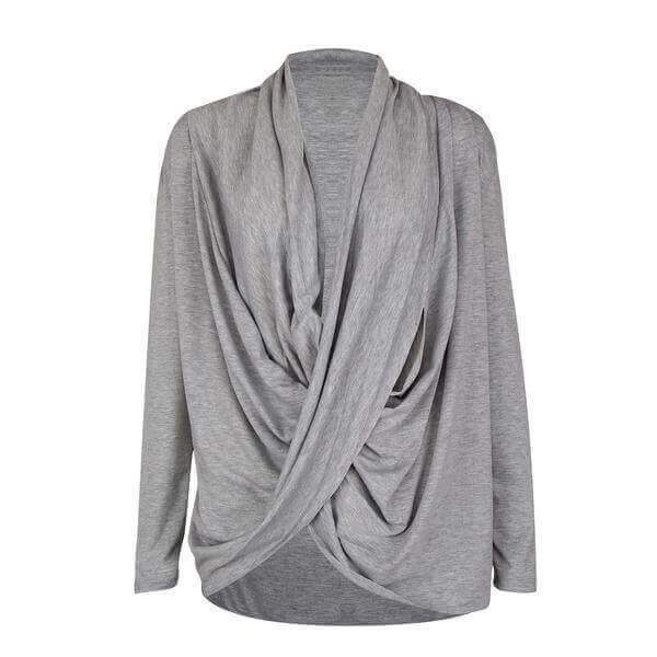 Irregular V-neck Drapped Long Sleeves Loose Long Blouse
