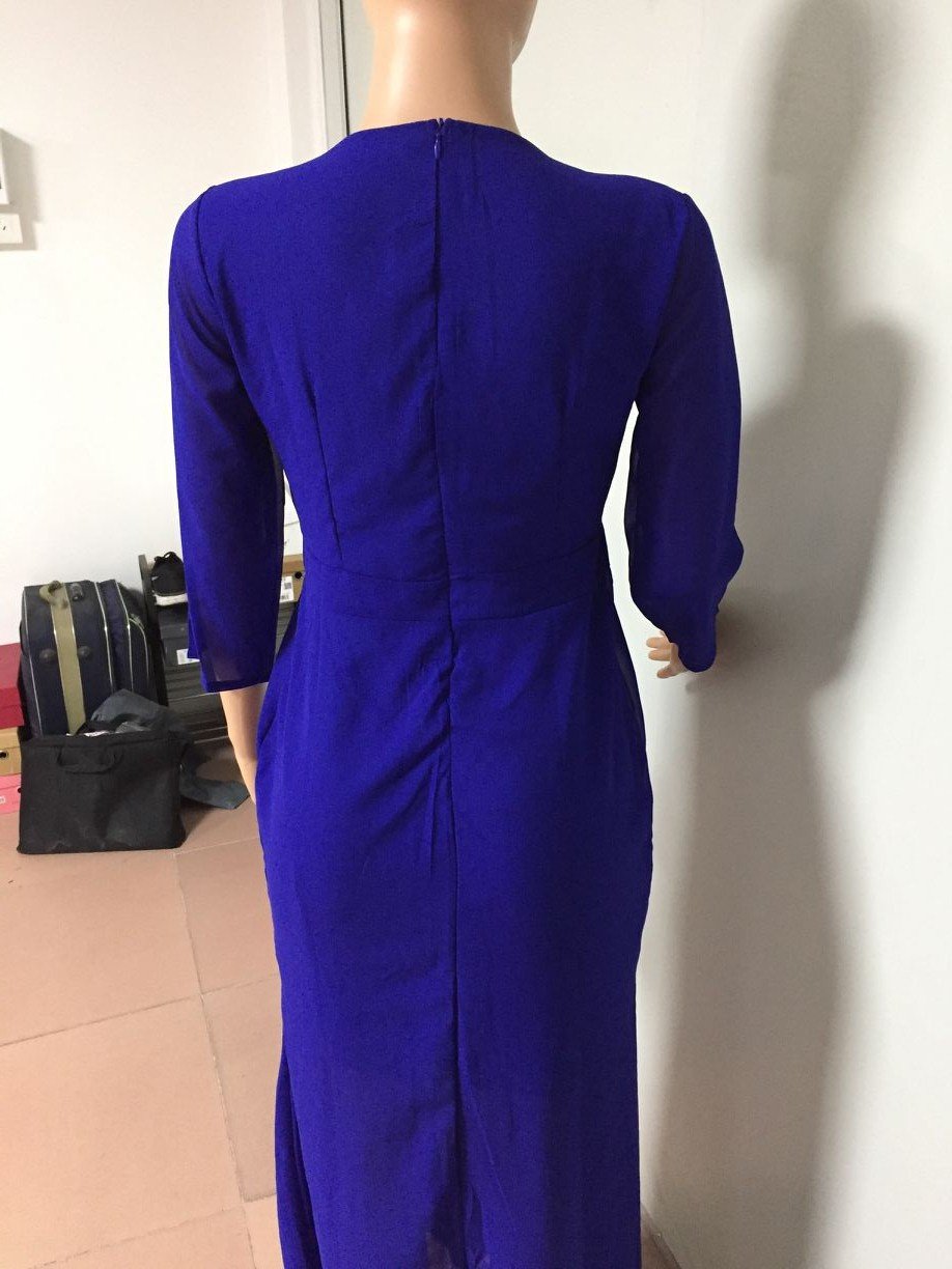 Slim Pure Color 3/4 Sleeves Pleated Long Maxi Dress