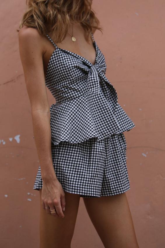 Plaid Spaghetti Straps Crop Top with Shorts Two Pieces Set