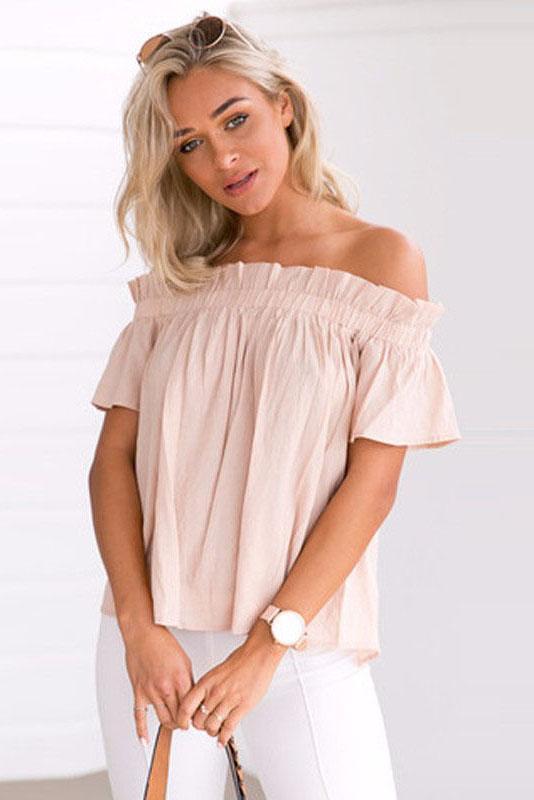 Falbala Ruffles Strapless Short Sleeves Solid Color T-shirt