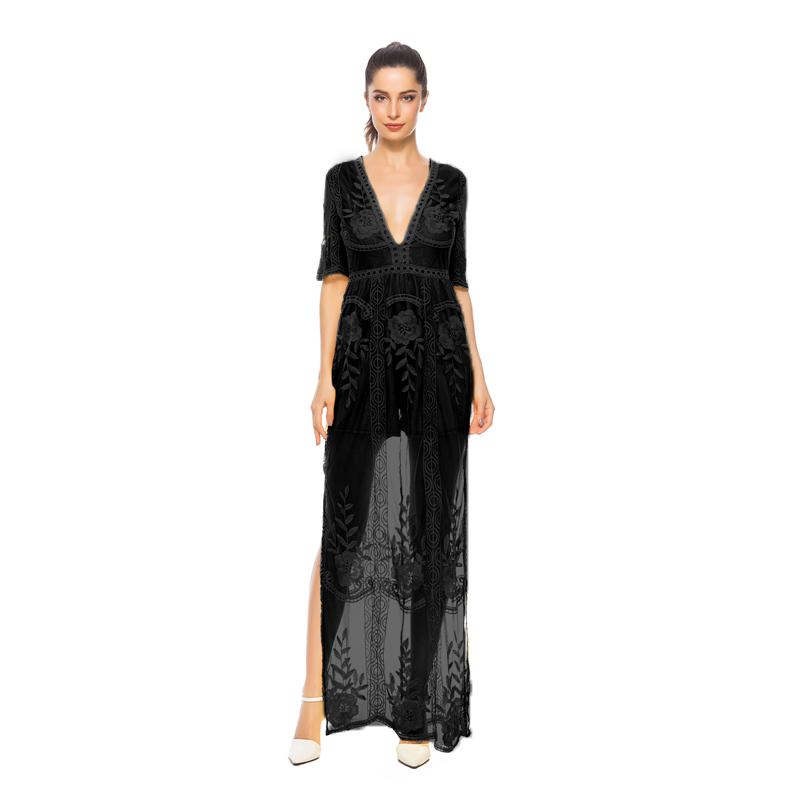 Lace V-neck Sleeveless Transparent Split Long Party Dress