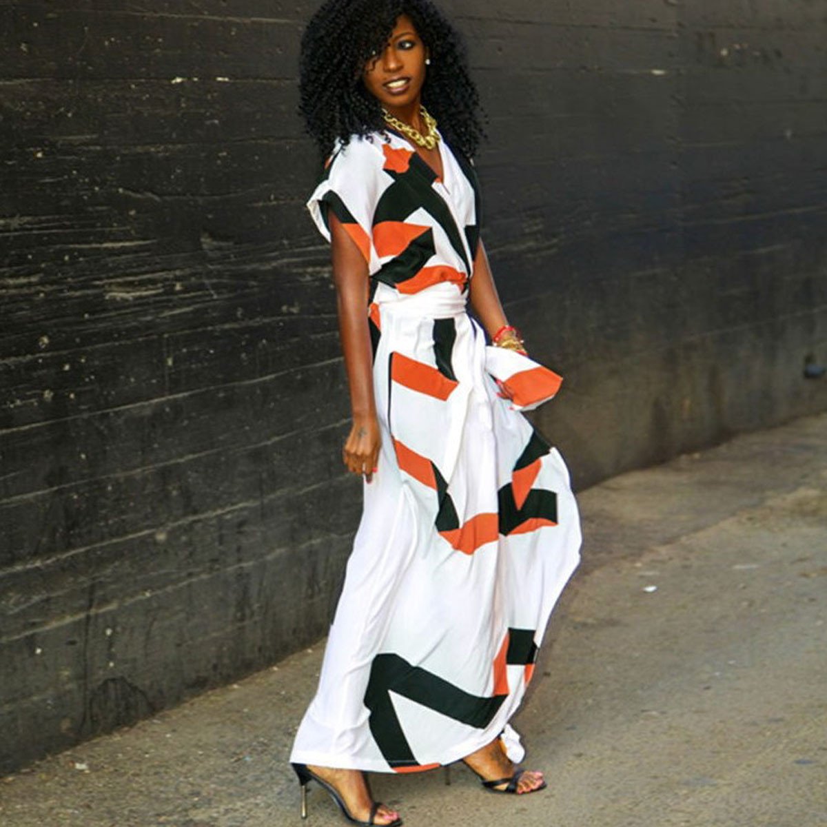 Deep V-neck Print Bohemian Irregular Split Long Dress