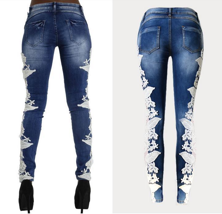 Lace Patchwork Hollow Skinny Straight High Waist Jeans