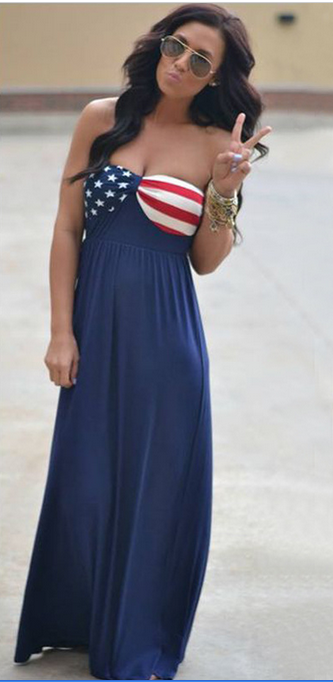 Strapless American Flag Print Long Dress - Meet Yours Fashion - 1