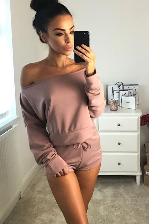 Off Shoulder Loose Crop Top with Shorts Two Pieces Set