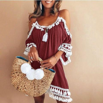 Bare Shoulder Tassels Scoop Women Loose Short Dress