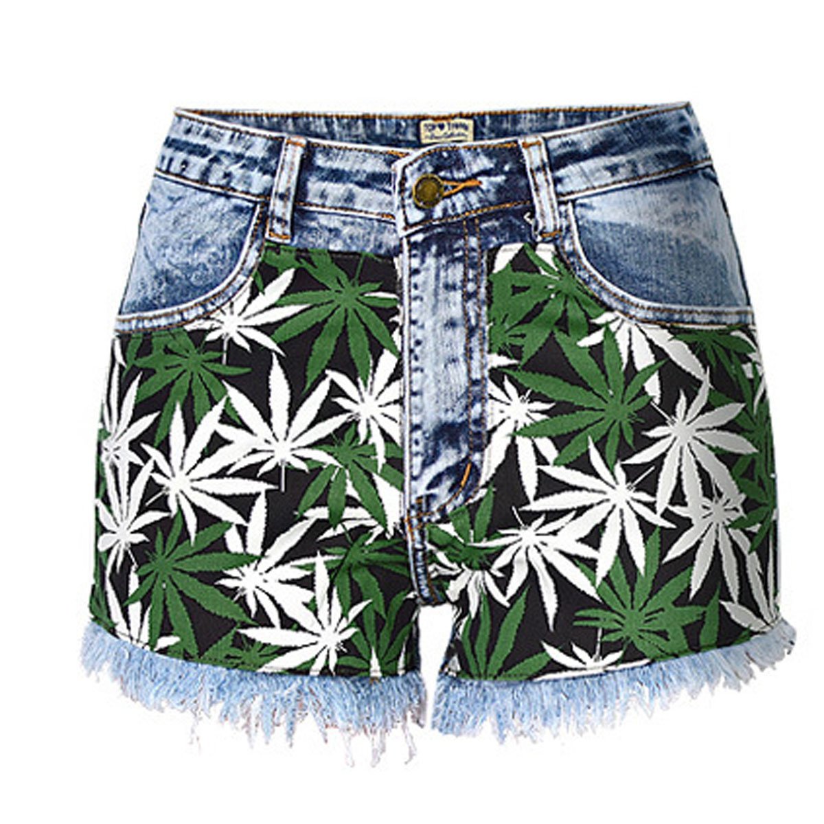 High Waist Print Patchwork Denim Casual Shorts