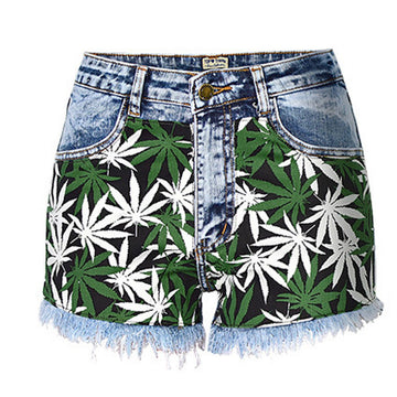 High Waist Print Patchwork Denim Casual Shorts