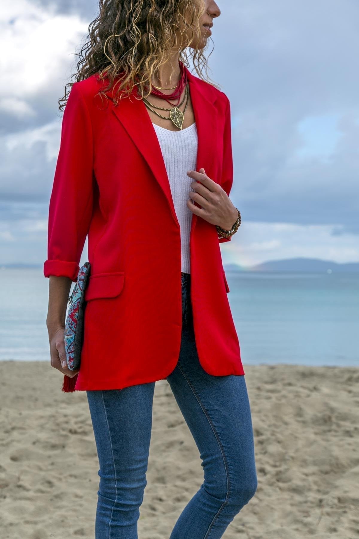 CANDY COLOR POCKETS LAPEL SLIM WOMEN BLAZER