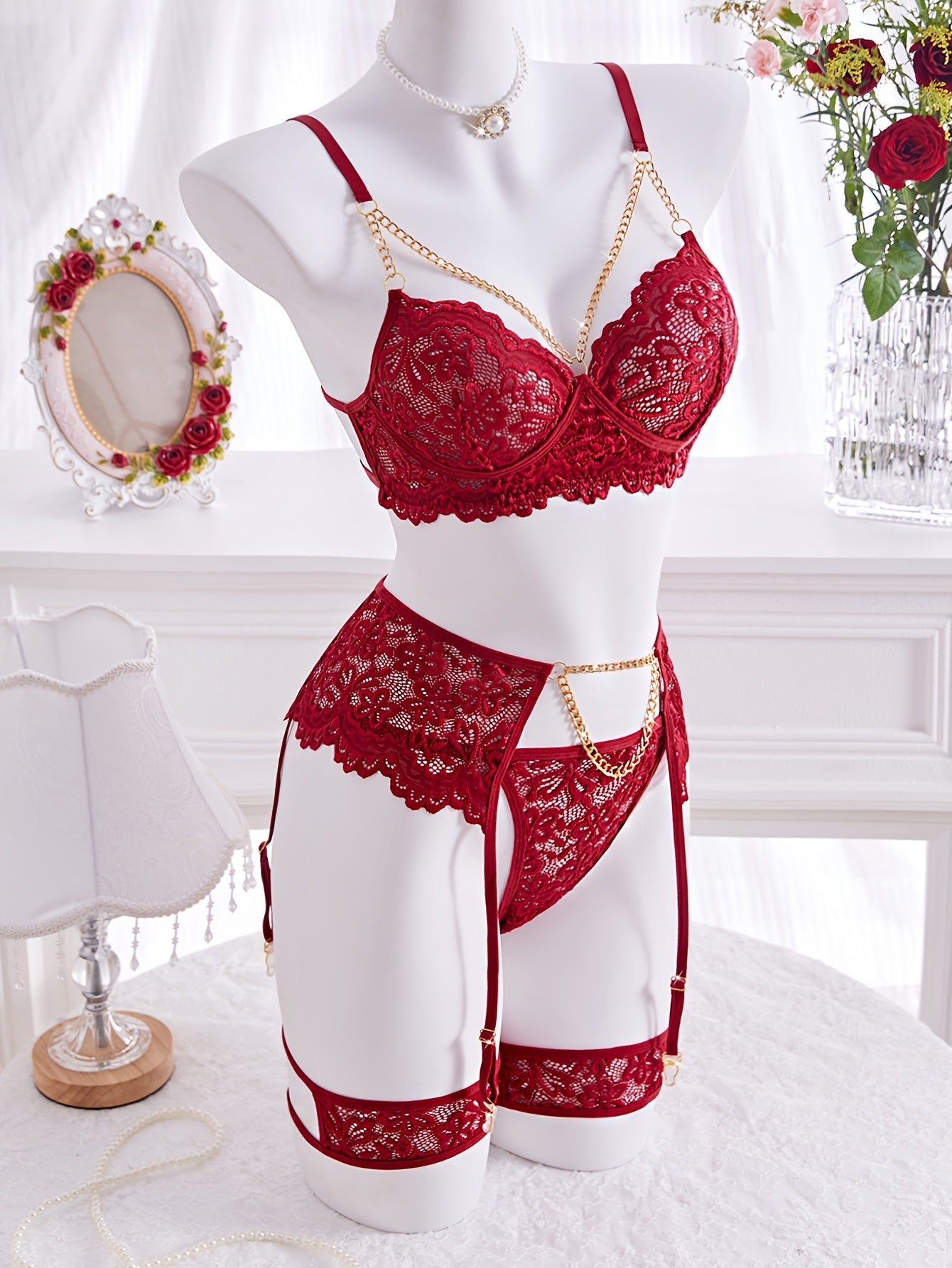 5PCS SET SOLID COLOR FLORAL HOMEWEAR SET GOLDEN CHAIN HOLLOW HALF-TRANSPARENT BRA GARTER THONG PANTIES WOMEN'S FASHION HOMEWEAR SET