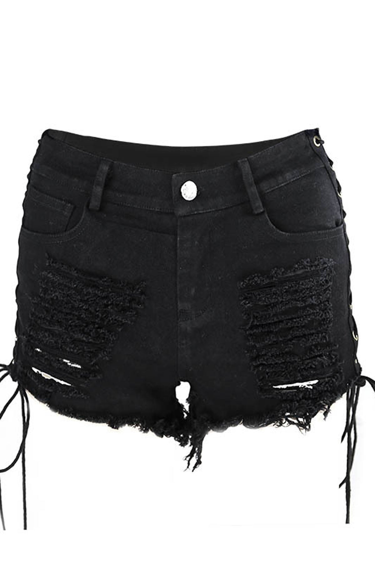Pure Color Denim Hole Regular Slim Shorts